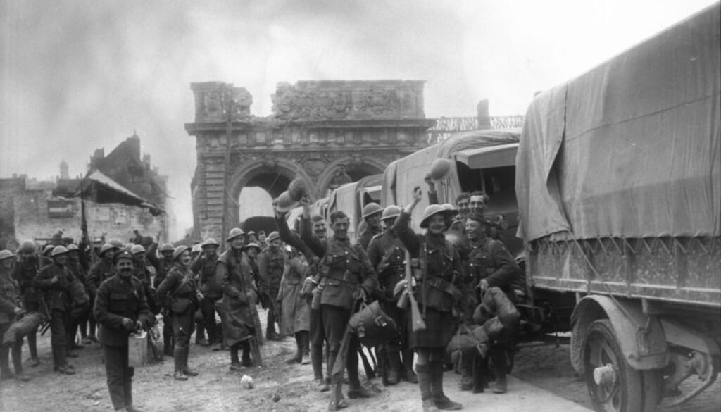 232_Canadians off to the firing line in lorries. West Gate, Arras. October, 1917.